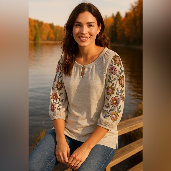 J. Jill Tops - J. Jill Embroidered Sleeve‎ Tunic Beige Size Large